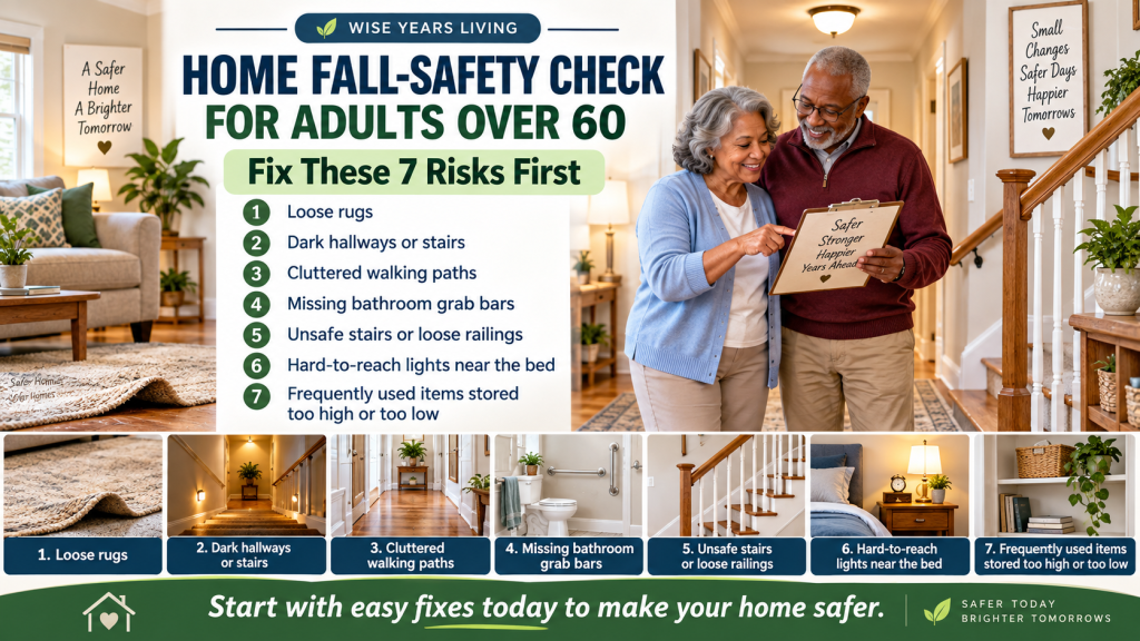 Home fall-safety checklist for adults over 60 showing seven common household fall risks and safer home features